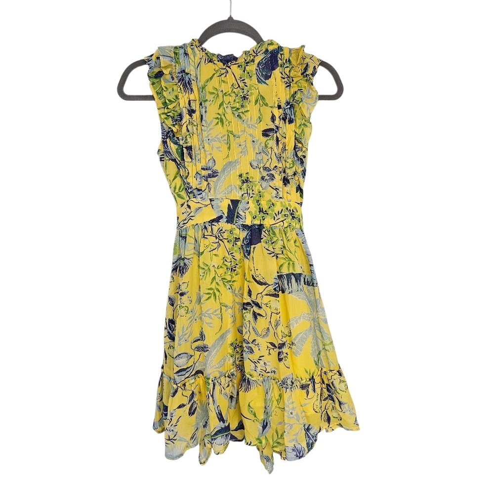 Banjanan 100% Silk Tropical Ruffle Floral Yellow Mini Dress Small Preowned - Picture 7 of 11
